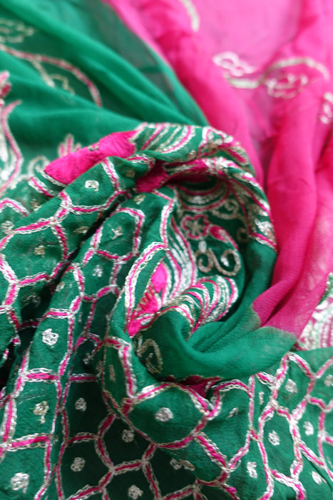 Pink And Emerald Green Vintage Chiffon Embroidered Dupatta - New