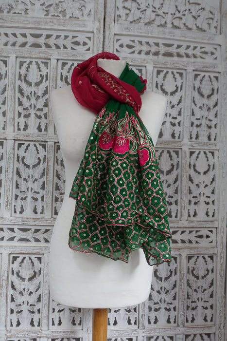 Pink And Emerald Green Vintage Chiffon Embroidered Dupatta - New