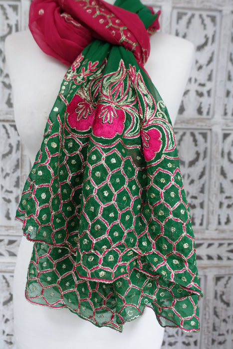 Pink And Emerald Green Vintage Chiffon Embroidered Dupatta - New