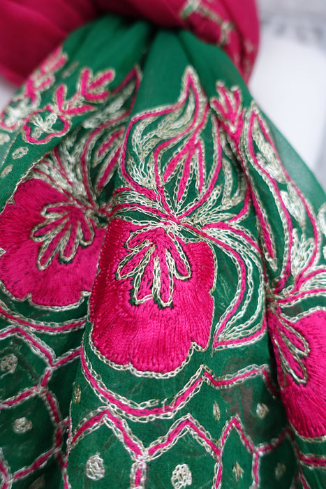Pink And Emerald Green Vintage Chiffon Embroidered Dupatta - New