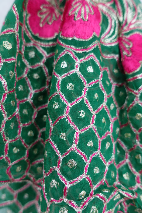 Pink And Emerald Green Vintage Chiffon Embroidered Dupatta - New