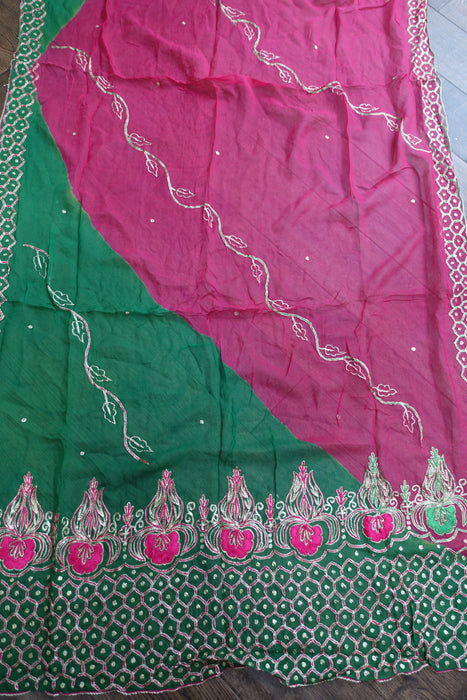 Pink And Emerald Green Vintage Chiffon Embroidered Dupatta - New