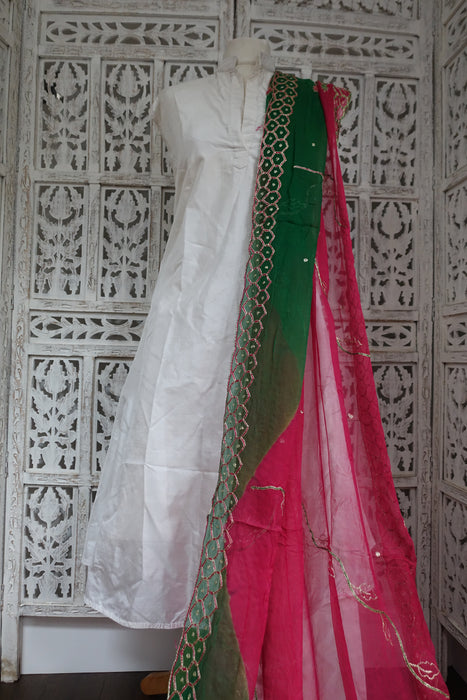 Pink And Emerald Green Vintage Chiffon Embroidered Dupatta - New