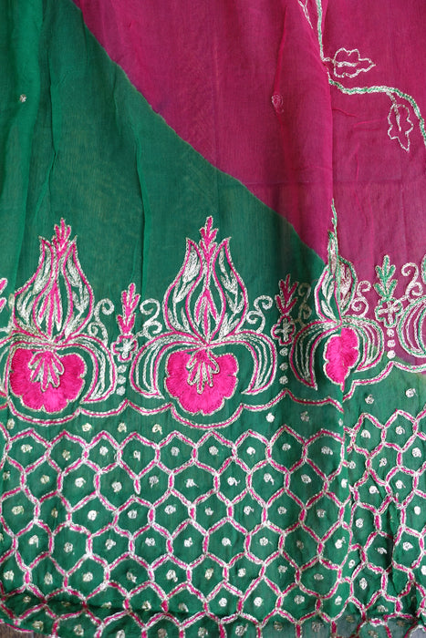 Pink And Emerald Green Vintage Chiffon Embroidered Dupatta - New