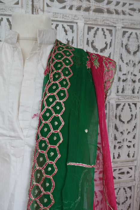 Pink And Emerald Green Vintage Chiffon Embroidered Dupatta - New