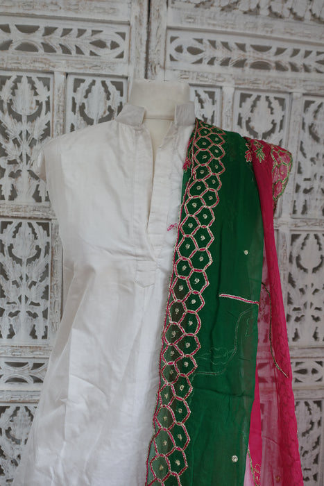 Pink And Emerald Green Vintage Chiffon Embroidered Dupatta - New