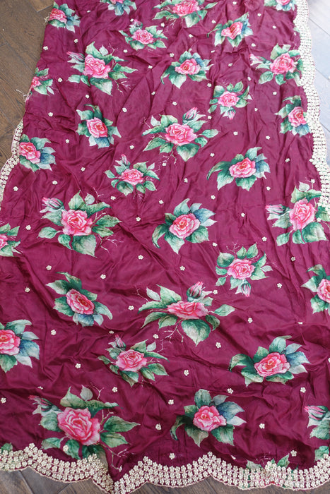 Plum Floral Crepe Dupatta - For Spares