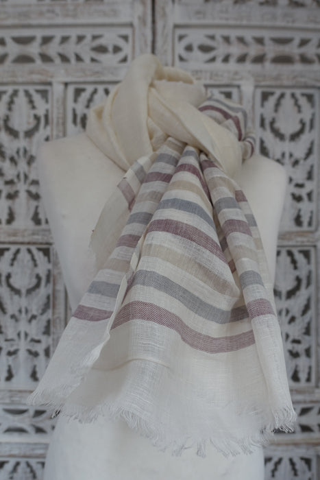 Cream And Beige Stripe Linen Scarf