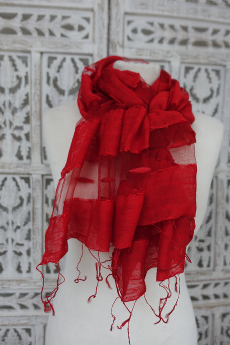 Red Silk Voile Scarf Handloom