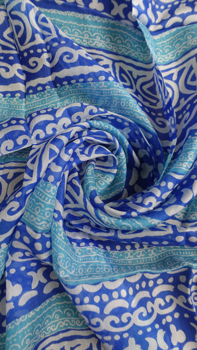 Aqua And Sea Blue Handloom Geometric Silk Square Scarf