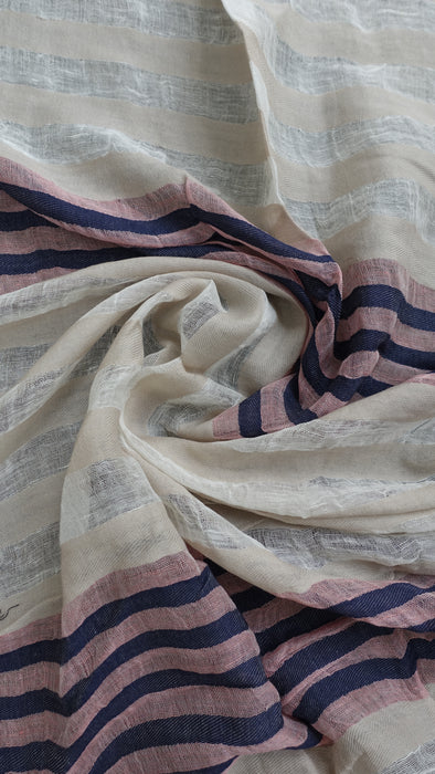 Cream, Navy And Peach Long Cotton Weave Hands And Looms Scarf