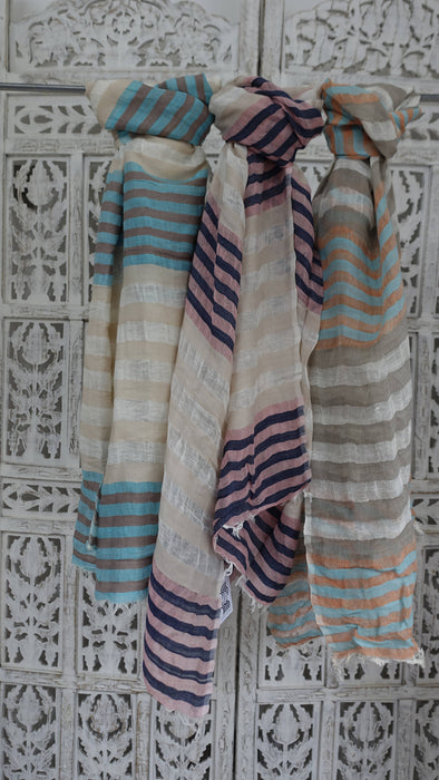 Cream, Peach And Blue Long Cotton Weave Hands And Looms Scarf