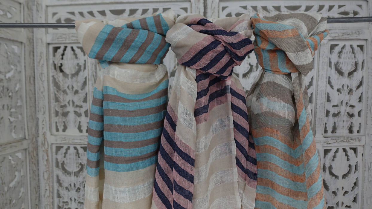 Cream, Peach And Blue Long Cotton Weave Hands And Looms Scarf