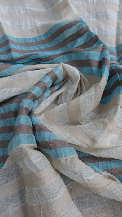 Cream, Brown And Blue Long Cotton Weave Hands And Looms Scarf