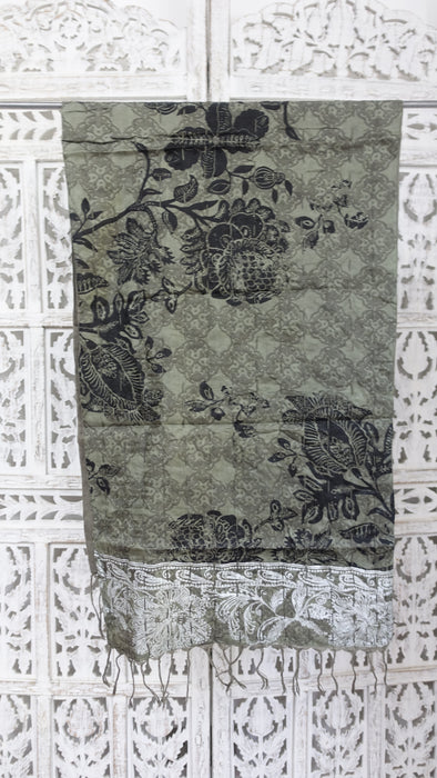 Olive Green And Silver Pure Silk Panels Hand Stitched Scarf