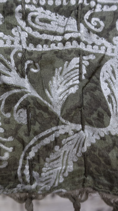 Olive Green And Silver Pure Silk Panels Hand Stitched Scarf