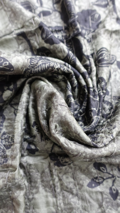 Olive Green And Silver Pure Silk Panels Hand Stitched Scarf