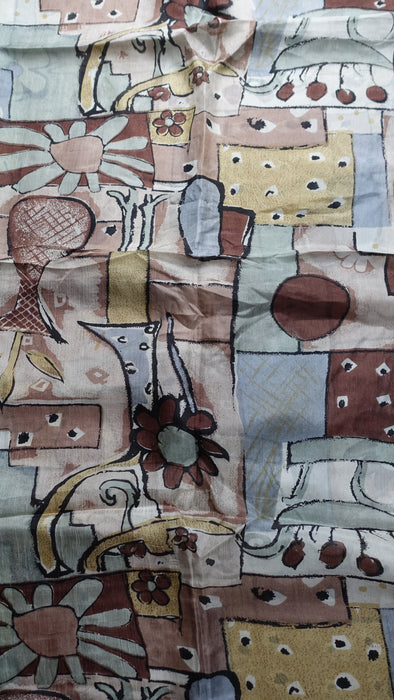 Brown Sage Green Handloom Geometric Silk Square Scarf