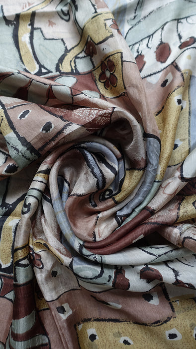 Brown Sage Green Handloom Geometric Silk Square Scarf