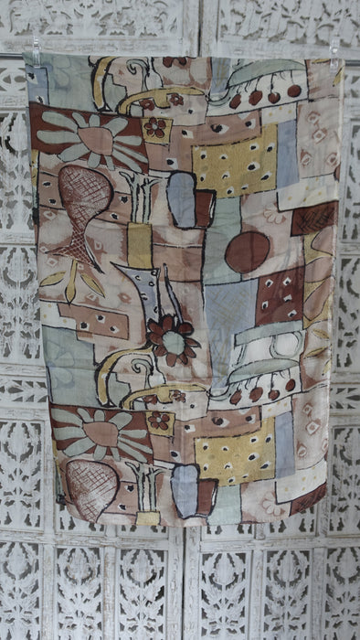 Brown Sage Green Handloom Geometric Silk Square Scarf