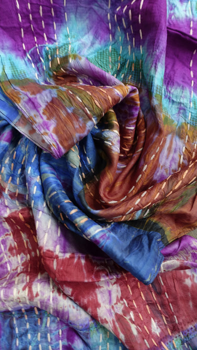 Multicoloured Pure Silk Panels Hand Stitched Scarf