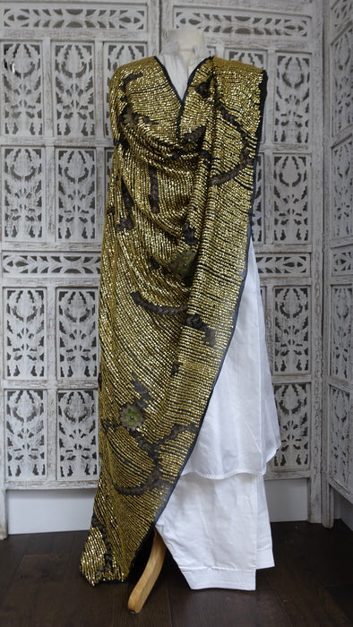 Black Chiffon Gold Sequinned Vintage Dupatta - New