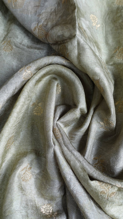 Sage Green Floral Print Chanderi Silk Shawl - New