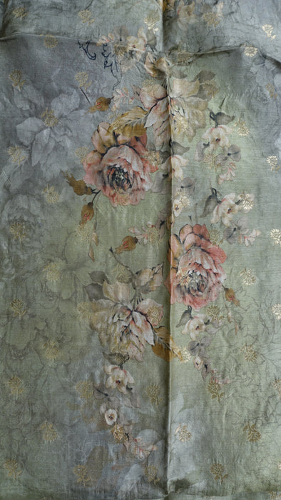 Sage Green Floral Print Chanderi Silk Shawl - New