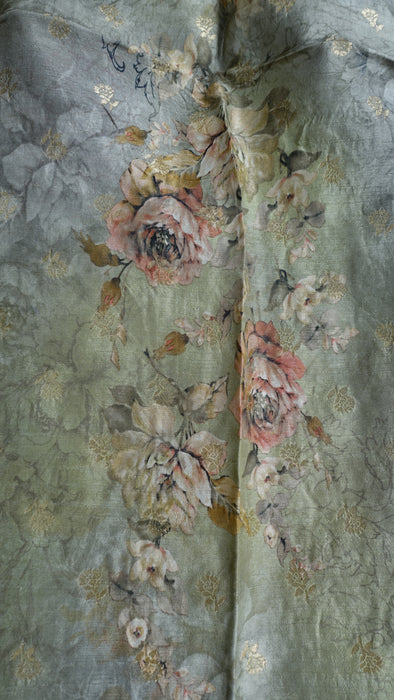 Sage Green Floral Print Chanderi Silk Shawl - New