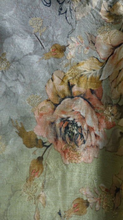 Sage Green Floral Print Chanderi Silk Shawl - New