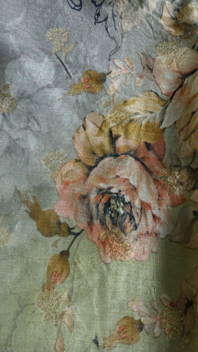 Sage Green Floral Print Chanderi Silk Shawl - New