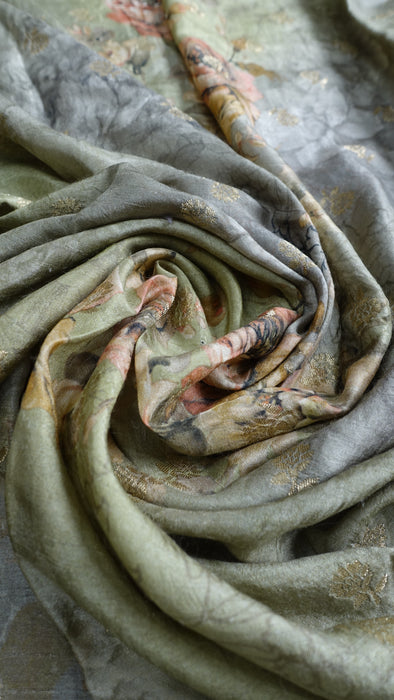 Sage Green Floral Print Chanderi Silk Shawl - New