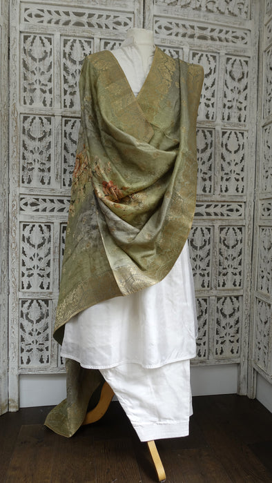 Sage Green Floral Print Chanderi Silk Shawl - New