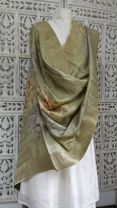 Sage Green Floral Print Chanderi Silk Shawl - New