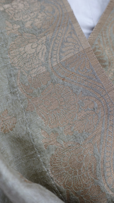 Sage Green Floral Print Chanderi Silk Shawl - New