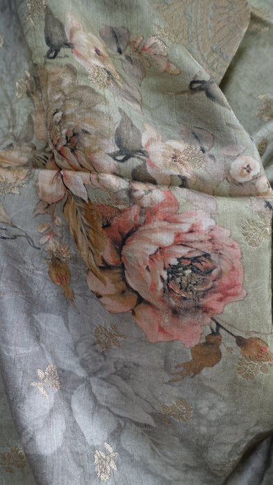 Sage Green Floral Print Chanderi Silk Shawl - New