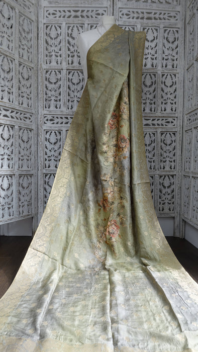 Sage Green Floral Print Chanderi Silk Shawl - New