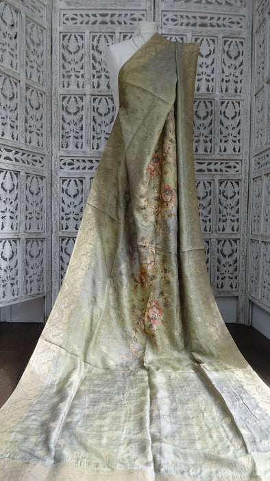 Sage Green Floral Print Chanderi Silk Shawl - New