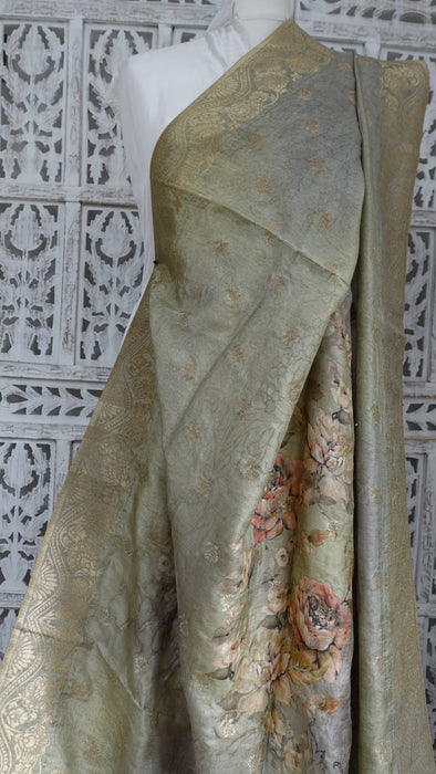 Sage Green Floral Print Chanderi Silk Shawl - New