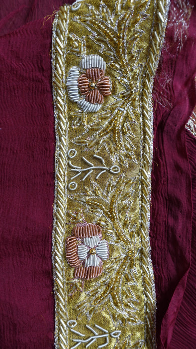 Maroon Silk Chiffon Vintage Zardosi Worked Dupatta - New