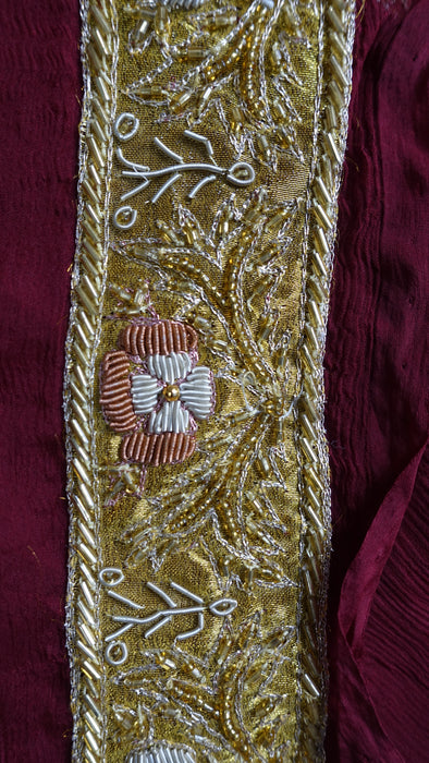 Maroon Silk Chiffon Vintage Zardosi Worked Dupatta - New
