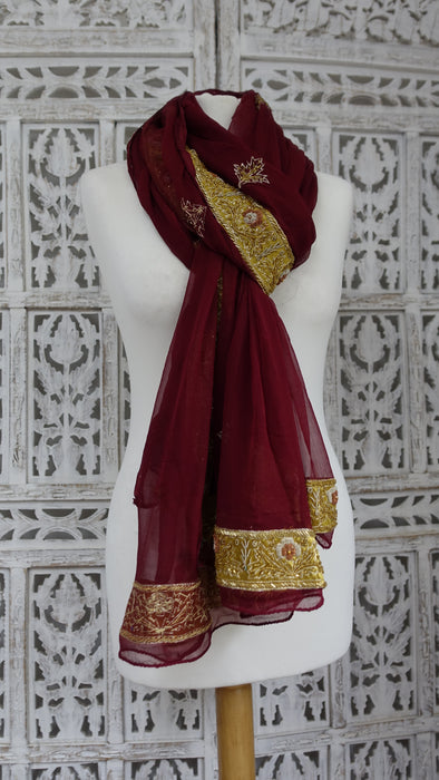 Maroon Silk Chiffon Vintage Zardosi Worked Dupatta - New
