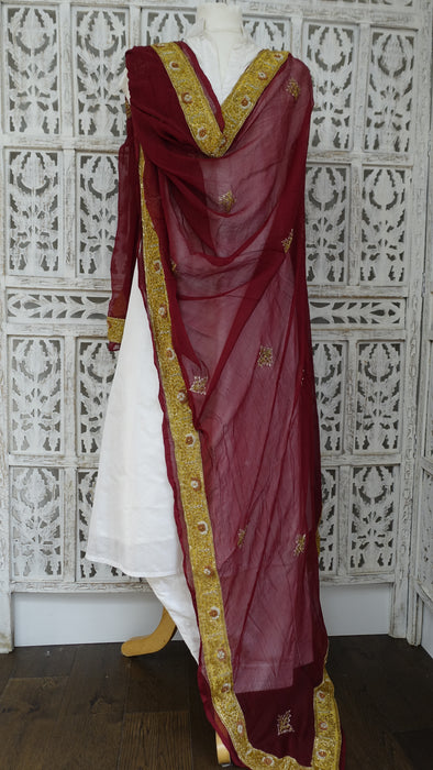 Maroon Silk Chiffon Vintage Zardosi Worked Dupatta - New