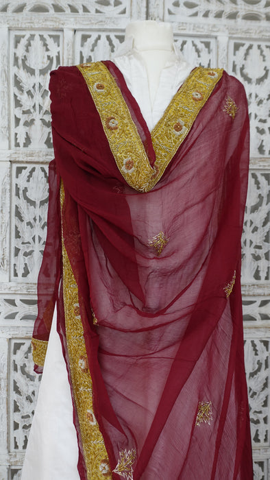 Maroon Silk Chiffon Vintage Zardosi Worked Dupatta - New