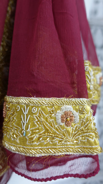 Maroon Silk Chiffon Vintage Zardosi Worked Dupatta - New