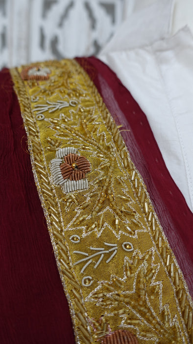 Maroon Silk Chiffon Vintage Zardosi Worked Dupatta - New