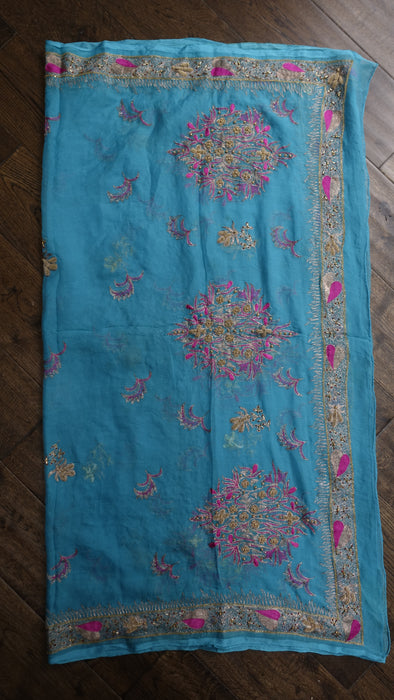 Peacock Blue Silk Chiffon Vintage Embroidered Zardosi Dupatta - Preloved