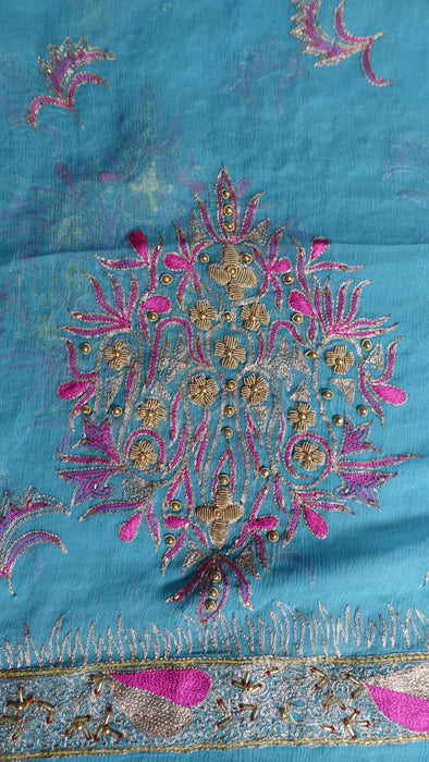 Peacock Blue Silk Chiffon Vintage Embroidered Zardosi Dupatta - Preloved
