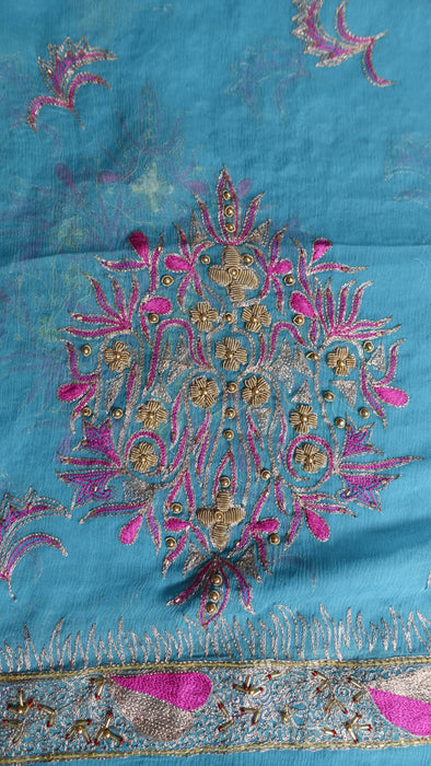 Peacock Blue Silk Chiffon Vintage Embroidered Zardosi Dupatta - Preloved