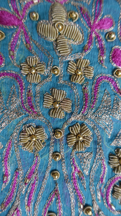Peacock Blue Silk Chiffon Vintage Embroidered Zardosi Dupatta - Preloved